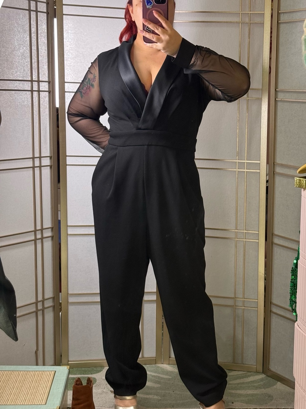 Elegant Black Wrap Jumpsuit with Sheer Sleeves